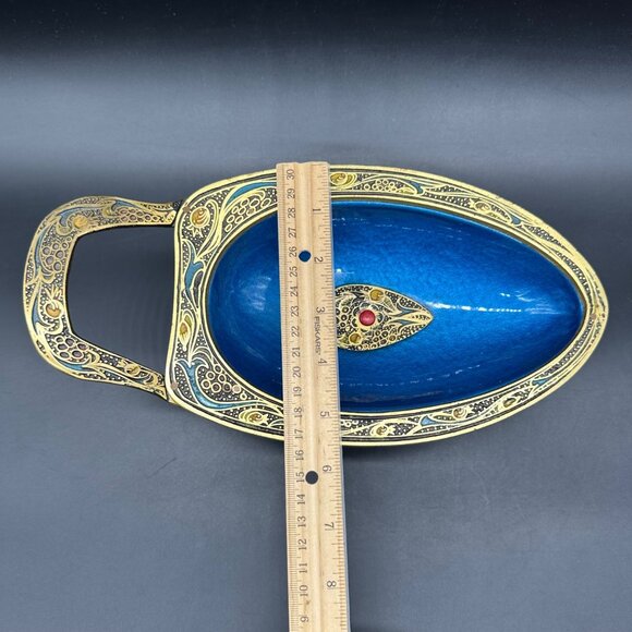 Vintage Brass Enamel Wheelbarrow Trinket Dish Israel Blue Gold Centerpiece Bowl - Picture 12 of 12